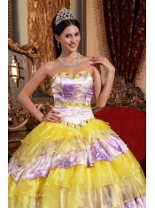 2012 Print Sweetheart Organza Beading and Ruffles Ball Gown Quinceanera Dress