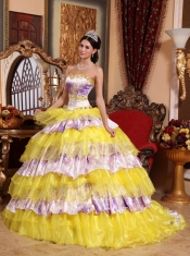2012 Print Sweetheart Organza Beading and Ruffles Ball Gown Quinceanera Dress