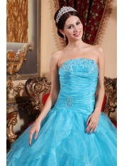 2013 Aqua Blue Strapless Organza Ball Gown With Beading Quinceanera Dress