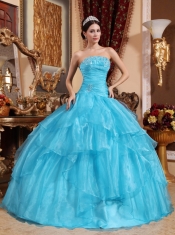 2013 Aqua Blue Strapless Organza Ball Gown With Beading Quinceanera Dress