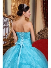 2013 Aqua Blue Strapless Organza Ball Gown With Beading Quinceanera Dress