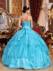 2013 Aqua Blue Strapless Organza Ball Gown With Beading Quinceanera Dress