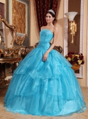 2013 Aqua Blue Strapless Organza Ball Gown With Beading Quinceanera Dress