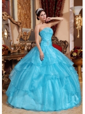 2013 Aqua Blue Strapless Organza Ball Gown With Beading Quinceanera Dress