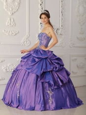 2013 Purple Taffeta with Silver Embroidery and Beading Strapless Ball Gown Quinceanera Dress