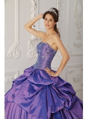 2013 Purple Taffeta with Silver Embroidery and Beading Strapless Ball Gown Quinceanera Dress