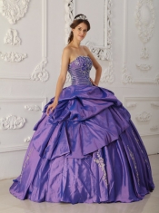 2013 Purple Taffeta with Silver Embroidery and Beading Strapless Ball Gown Quinceanera Dress