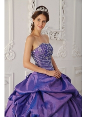 2013 Purple Taffeta with Silver Embroidery and Beading Strapless Ball Gown Quinceanera Dress