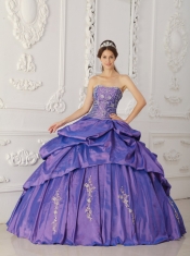 2013 Purple Taffeta with Silver Embroidery and Beading Strapless Ball Gown Quinceanera Dress