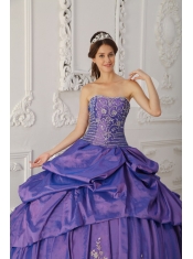 2013 Purple Taffeta with Silver Embroidery and Beading Strapless Ball Gown Quinceanera Dress