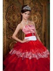 2013 Red and White Zebra Print Strapless Organza Ruffles Quinceanera Dress