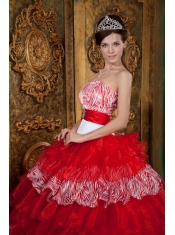 2013 Red and White Zebra Print Strapless Organza Ruffles Quinceanera Dress
