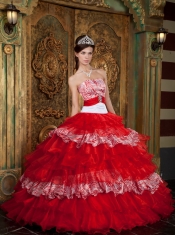 2013 Red and White Zebra Print Strapless Organza Ruffles Quinceanera Dress