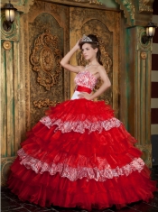 2013 Red and White Zebra Print Strapless Organza Ruffles Quinceanera Dress