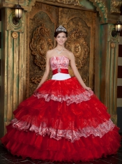 2013 Red and White Zebra Print Strapless Organza Ruffles Quinceanera Dress