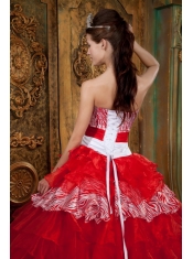 2013 Red and White Zebra Print Strapless Organza Ruffles Quinceanera Dress