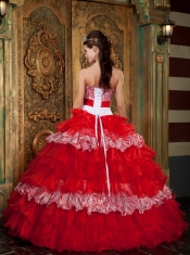 2013 Red and White Zebra Print Strapless Organza Ruffles Quinceanera Dress