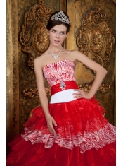 2013 Red and White Zebra Print Strapless Organza Ruffles Quinceanera Dress