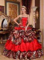 2013 Red Ball Gown Taffeta and Leopard Pick-ups Strapless Quinceanera Dress