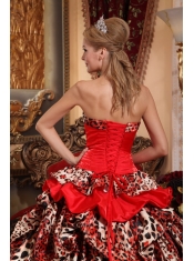 2013 Red Ball Gown Taffeta and Leopard Pick-ups Strapless Quinceanera Dress