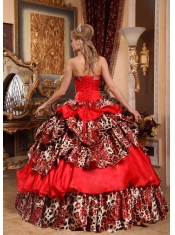 2013 Red Ball Gown Taffeta and Leopard Pick-ups Strapless Quinceanera Dress