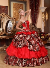 2013 Red Ball Gown Taffeta and Leopard Pick-ups Strapless Quinceanera Dress