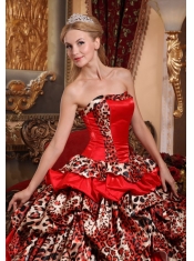 2013 Red Ball Gown Taffeta and Leopard Pick-ups Strapless Quinceanera Dress