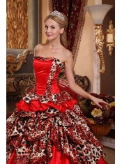 2013 Red Ball Gown Taffeta and Leopard Pick-ups Strapless Quinceanera Dress