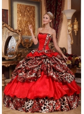 2013 Red Ball Gown Taffeta and Leopard Pick-ups Strapless Quinceanera Dress