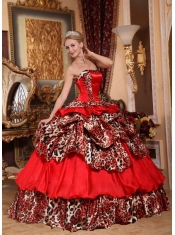 2013 Red Ball Gown Taffeta and Leopard Pick-ups Strapless Quinceanera Dress