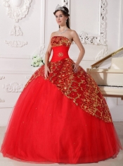 2013 Red Strapless Floor-length Tulle Beading and Ruch Quinceanera Dress