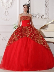 2013 Red Strapless Floor-length Tulle Beading and Ruch Quinceanera Dress