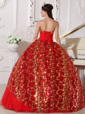 2013 Red Strapless Floor-length Tulle Beading and Ruch Quinceanera Dress