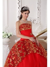 2013 Red Strapless Floor-length Tulle Beading and Ruch Quinceanera Dress