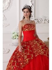 2013 Red Strapless Floor-length Tulle Beading and Ruch Quinceanera Dress
