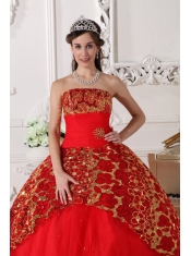 2013 Red Strapless Floor-length Tulle Beading and Ruch Quinceanera Dress