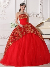 2013 Red Strapless Floor-length Tulle Beading and Ruch Quinceanera Dress