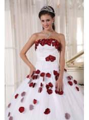 2013 White Red Ball Gown Strapless Tulle Beading and Hand Made Flowers Quinceanera Dress