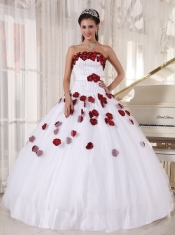 2013 White Red Ball Gown Strapless Tulle Beading and Hand Made Flowers Quinceanera Dress