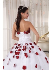 2013 White Red Ball Gown Strapless Tulle Beading and Hand Made Flowers Quinceanera Dress