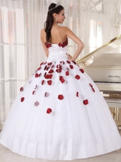 2013 White Red Ball Gown Strapless Tulle Beading and Hand Made Flowers Quinceanera Dress