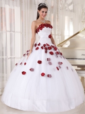 2013 White Red Ball Gown Strapless Tulle Beading and Hand Made Flowers Quinceanera Dress