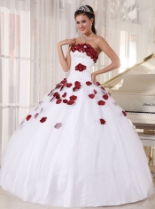 2013 White Red Ball Gown Strapless Tulle Beading and Hand Made Flowers Quinceanera Dress