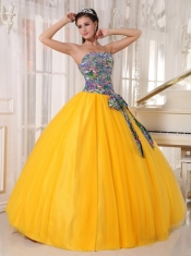 2013 Yellow and Printing Ball Gown Strapless Sequins Quinceanera Dress