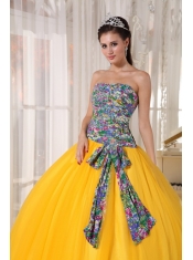 2013 Yellow and Printing Ball Gown Strapless Sequins Quinceanera Dress