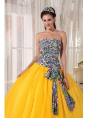 2013 Yellow and Printing Ball Gown Strapless Sequins Quinceanera Dress