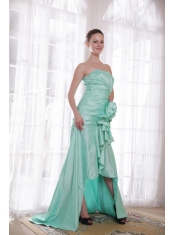 Apple Green A-line / Princess Strapless High-low Taffeta Hand Flower Prom Dress