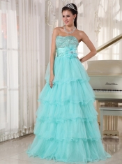 Apple Green A-line Strapless Floor-length Taffeta and Organza Beading Prom Dress