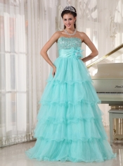 Apple Green A-line Strapless Floor-length Taffeta and Organza Beading Prom Dress