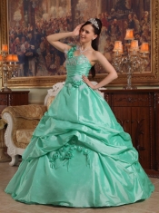 Apple Green Ball Gown One Shoulder Floor-length Hand Flowers Taffeta Quinceanera Dress